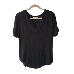 Monk & Lou Black Crinkled Rayon Loose Top Short Sleeve V-neck